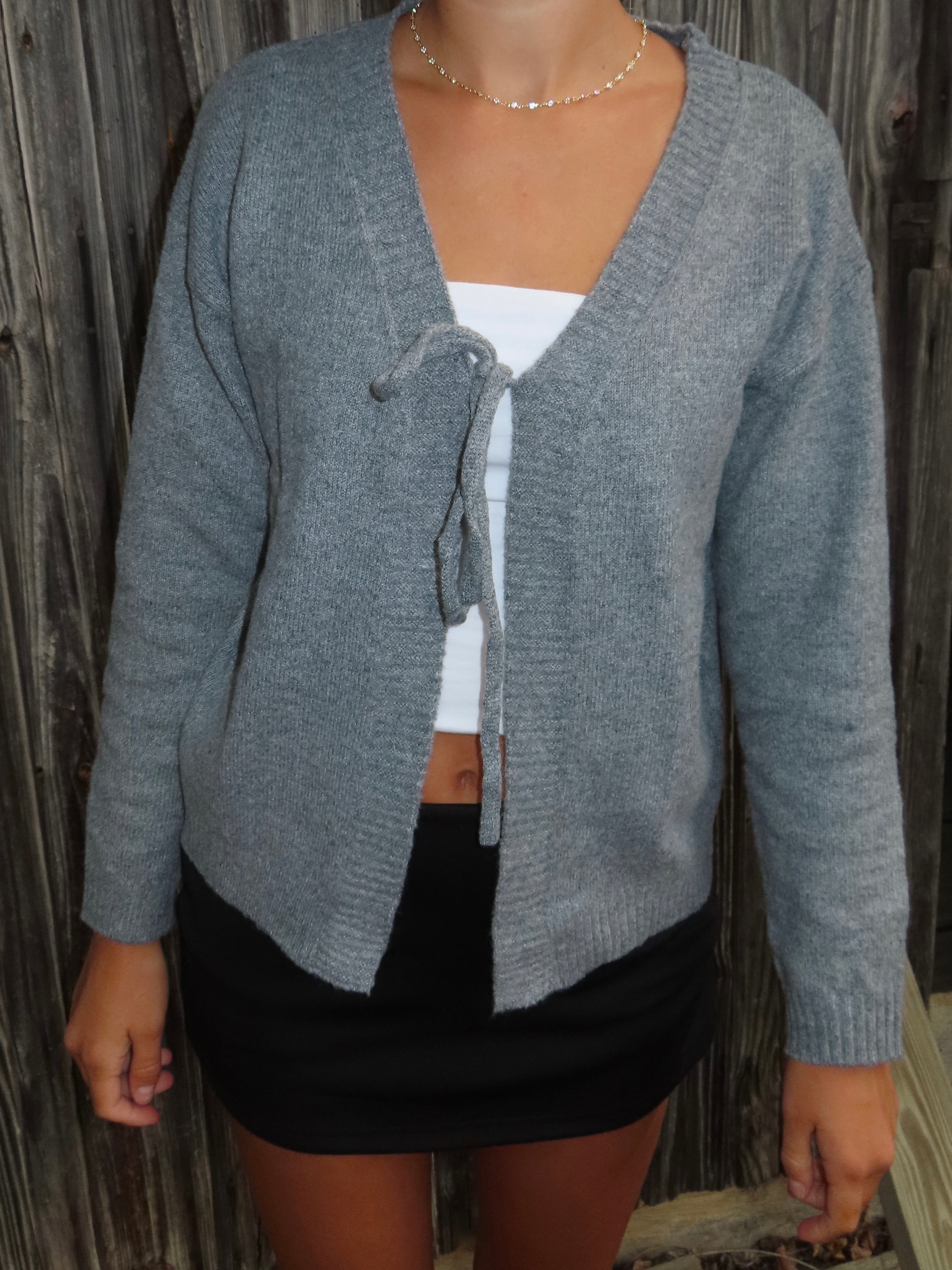 Alexa | Cozy Grey Tie-Front Knit Sweater