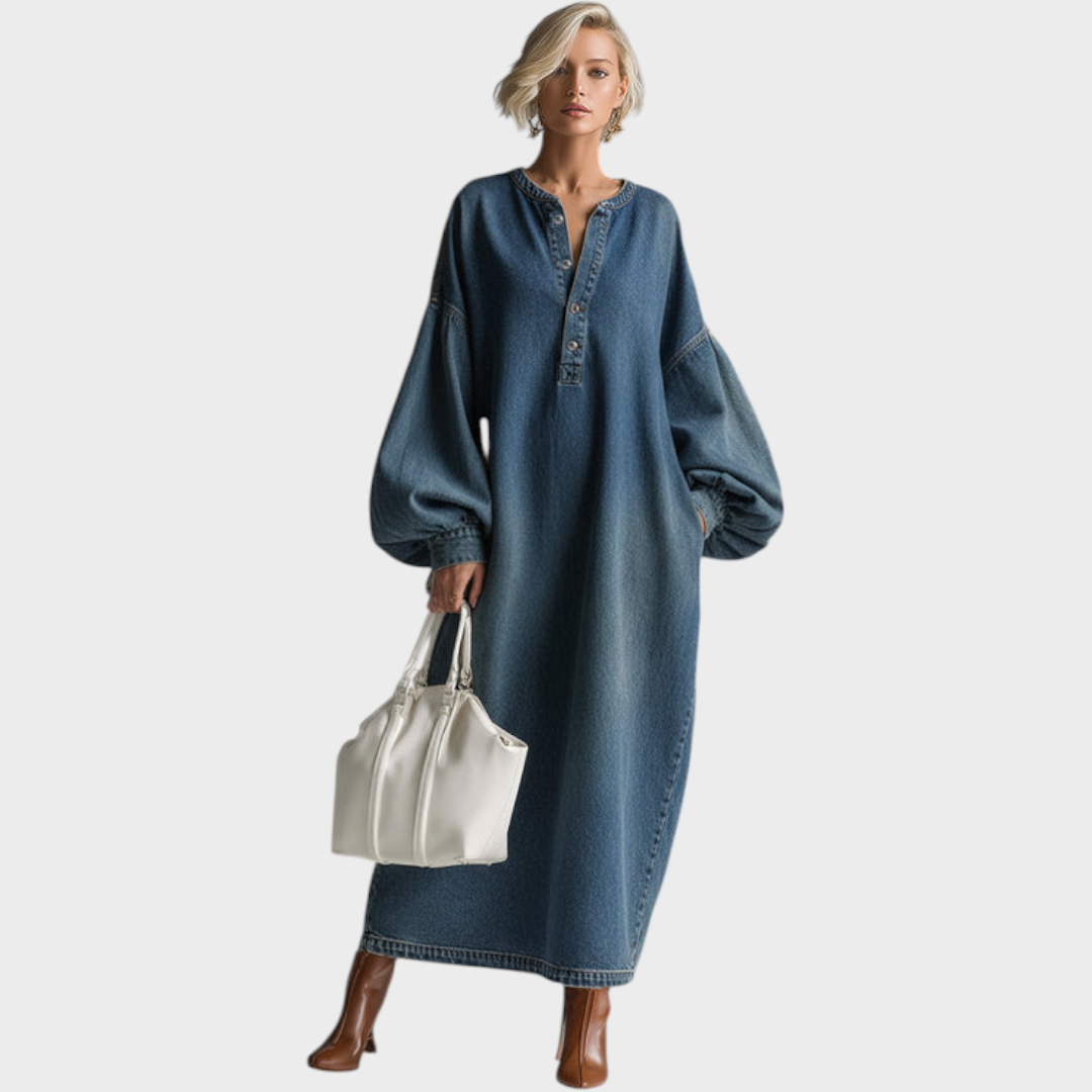 Salma | Elegant Urban-style Blue Denim Button-down Maxi Dress