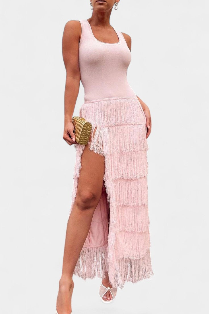 Kalani Maxi Dress with Layered Fringes and Side Slit