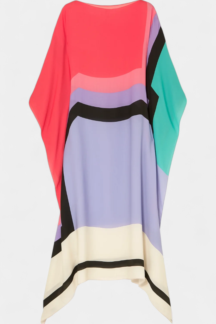 Elenora Kaftan with Geometric Pattern, Wide Line and Butterfly Mesh Fabric