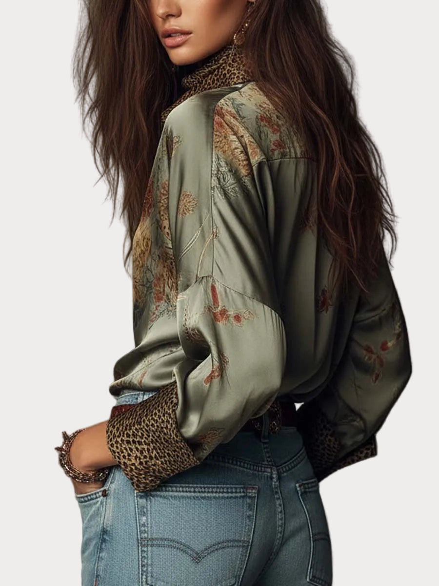 Cathrine | Satin Floral Shirt with Leopard Trim