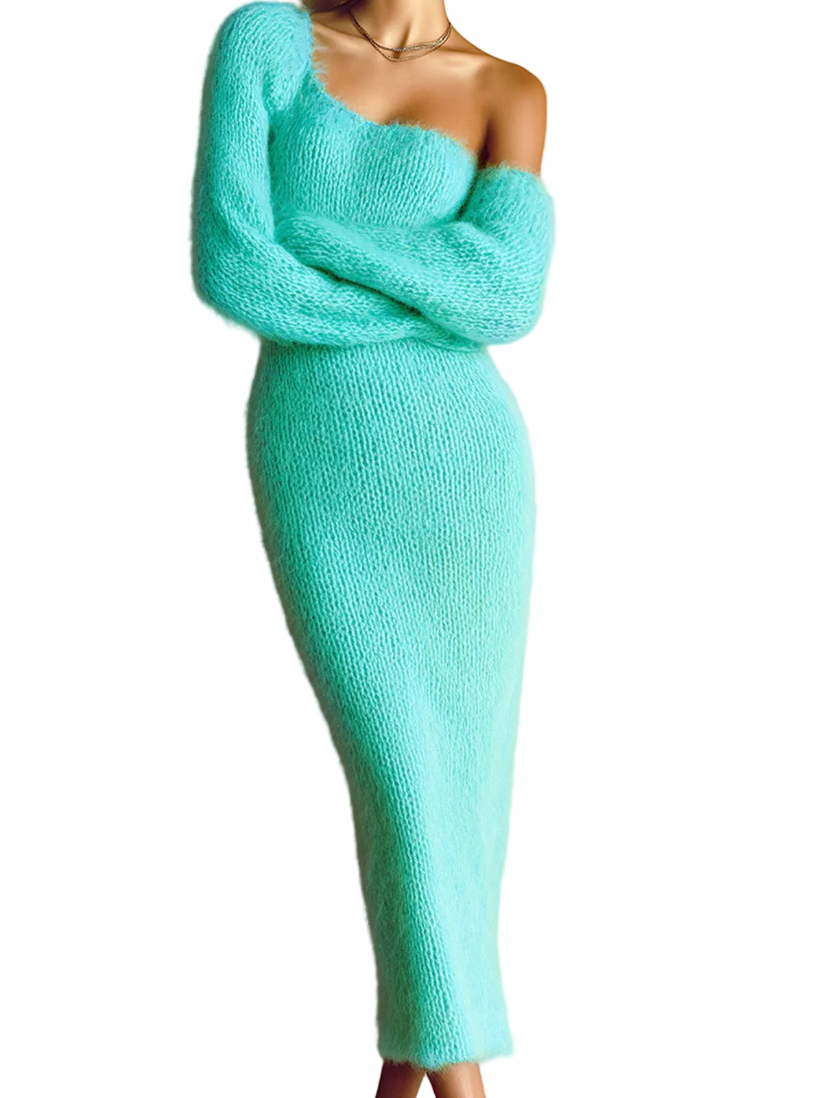 Kim - Stylish Solid Color Mohair One-Shoulder Long Lantern Sleeve Bodycon Knit Maxi Dress