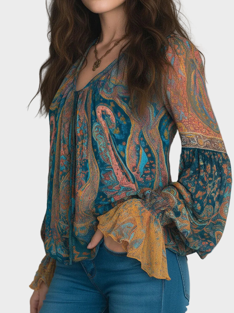 Alina | Bohemian Teal & Amber Paisley Chiffon Blouse With Ruffled Cuffs