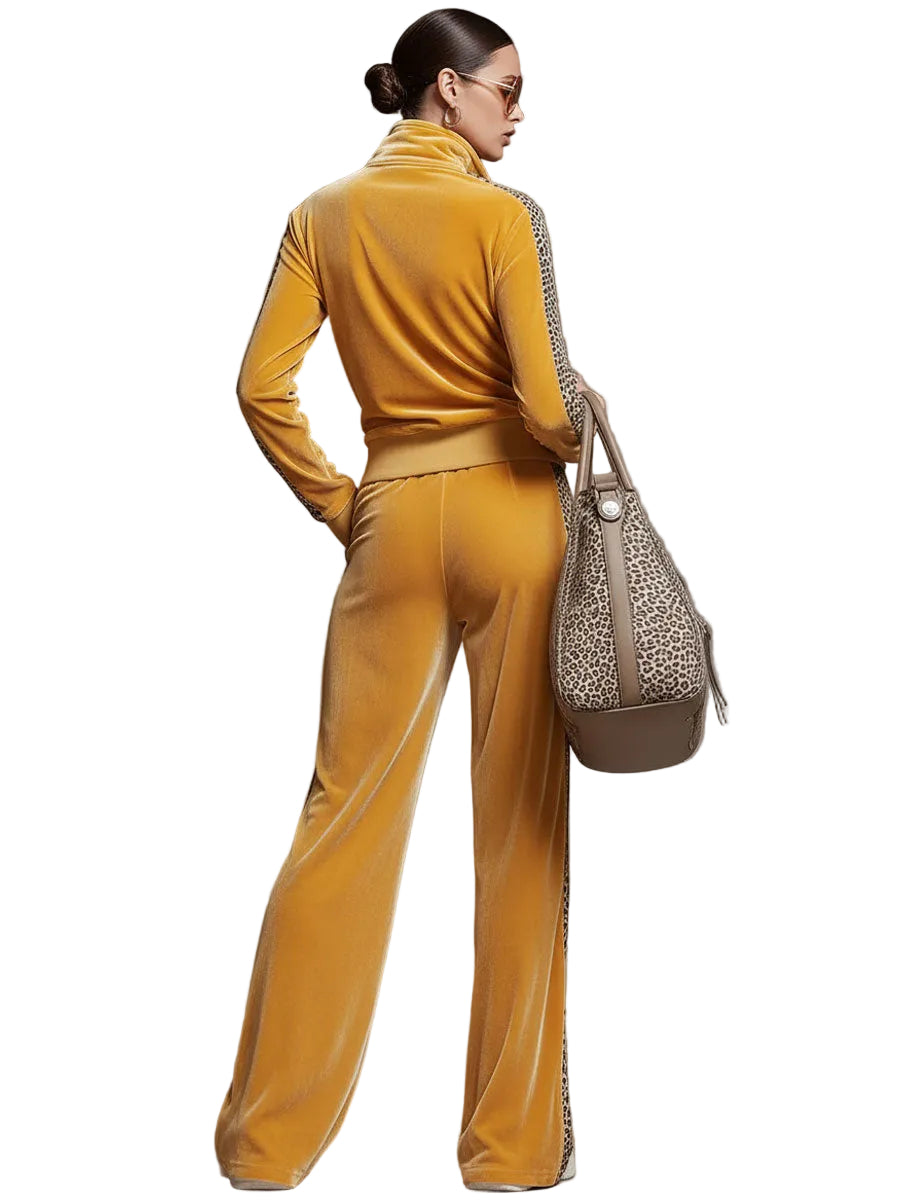 Coleen | Casual Sporty Retro Leopard Print Trim Yellow Velvet Sweatshirt Wide-Leg Pants Set