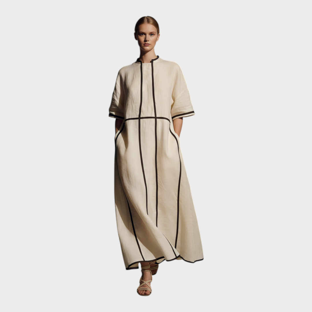 Peyton | Women's Modern Linen Blend Beige Stand-Collar Half-Sleeve Contrast-Line Pocketed Maxi Dress MDA2924L4AU