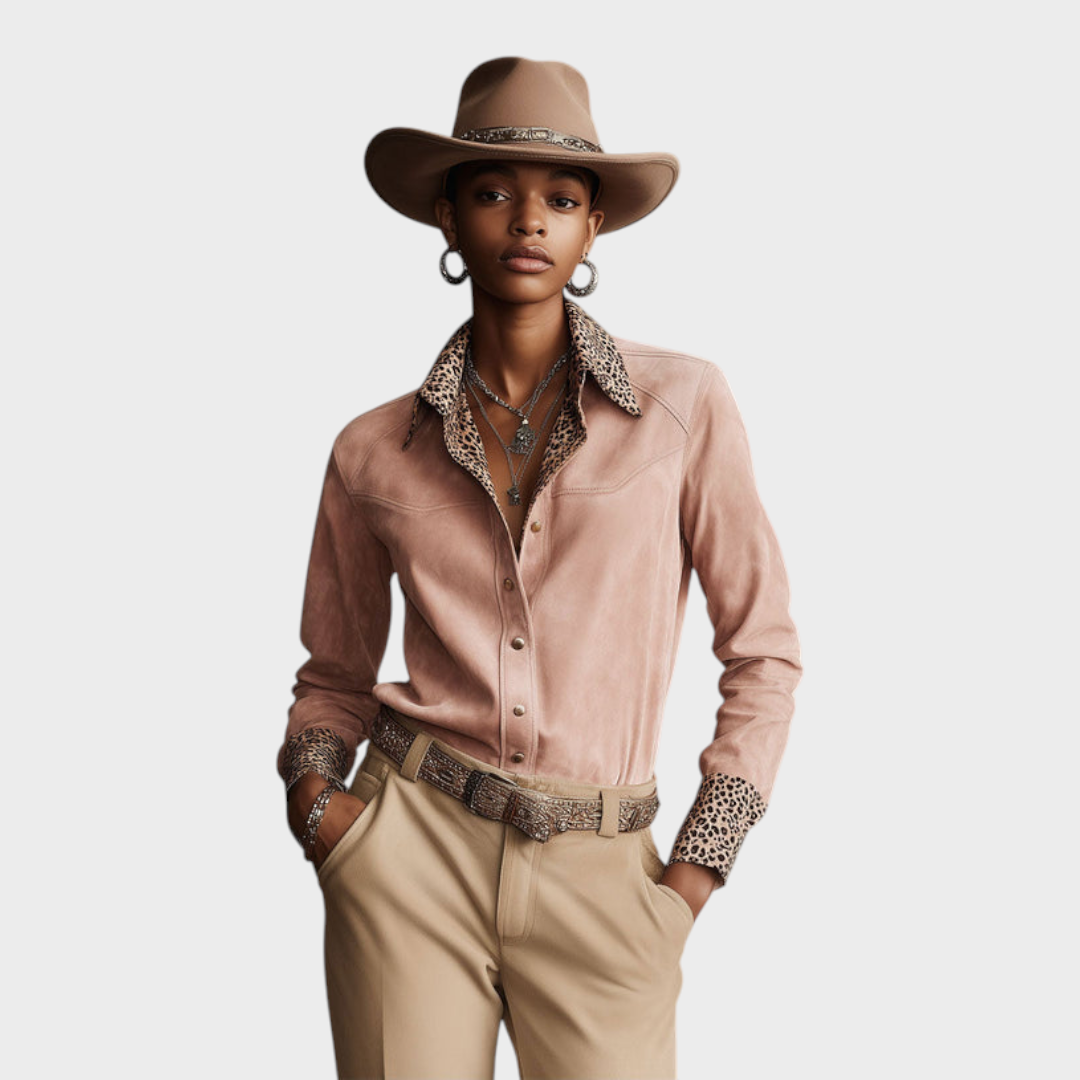 Macey | Western Retro Leopard Print Pink Faux Suede Long-Sleeve Shirt