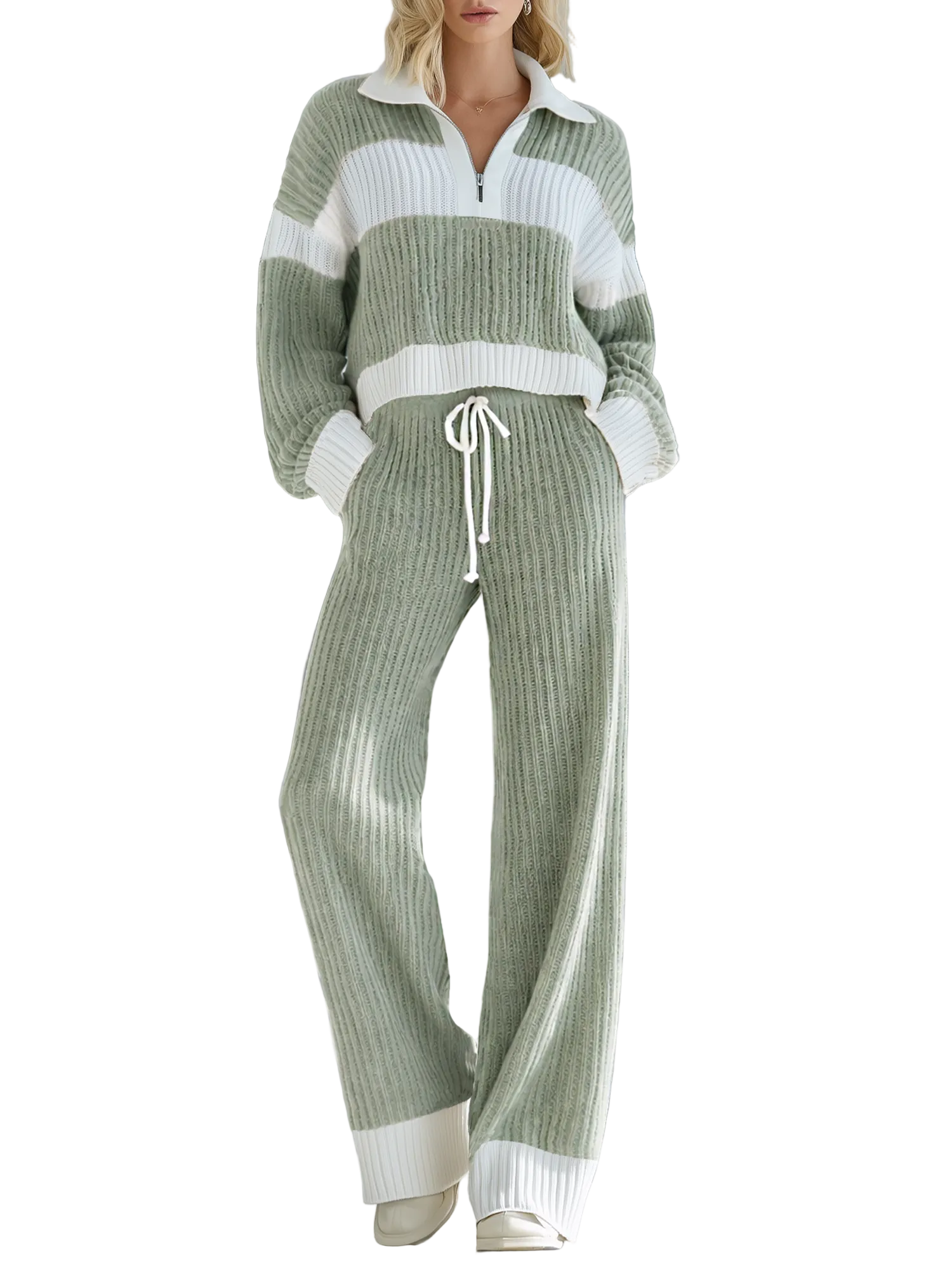 Marisol - Women's Beige And White Striped Knitted Collared Half-zip Casual Set
