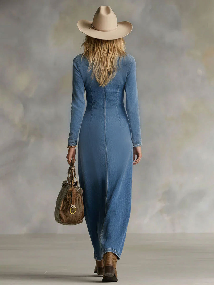 Agape | Long Maxi Denim Dress with V-neck, Single Button, and Side Slits
