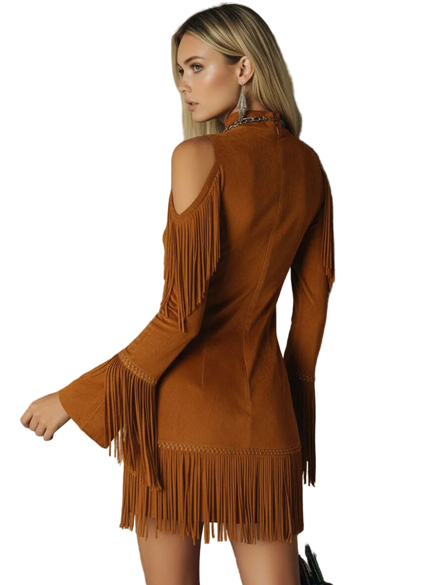Betty - Semi-high Neck Off-the-shoulder Fringed Faux Suede Long-sleeved Mini Dress