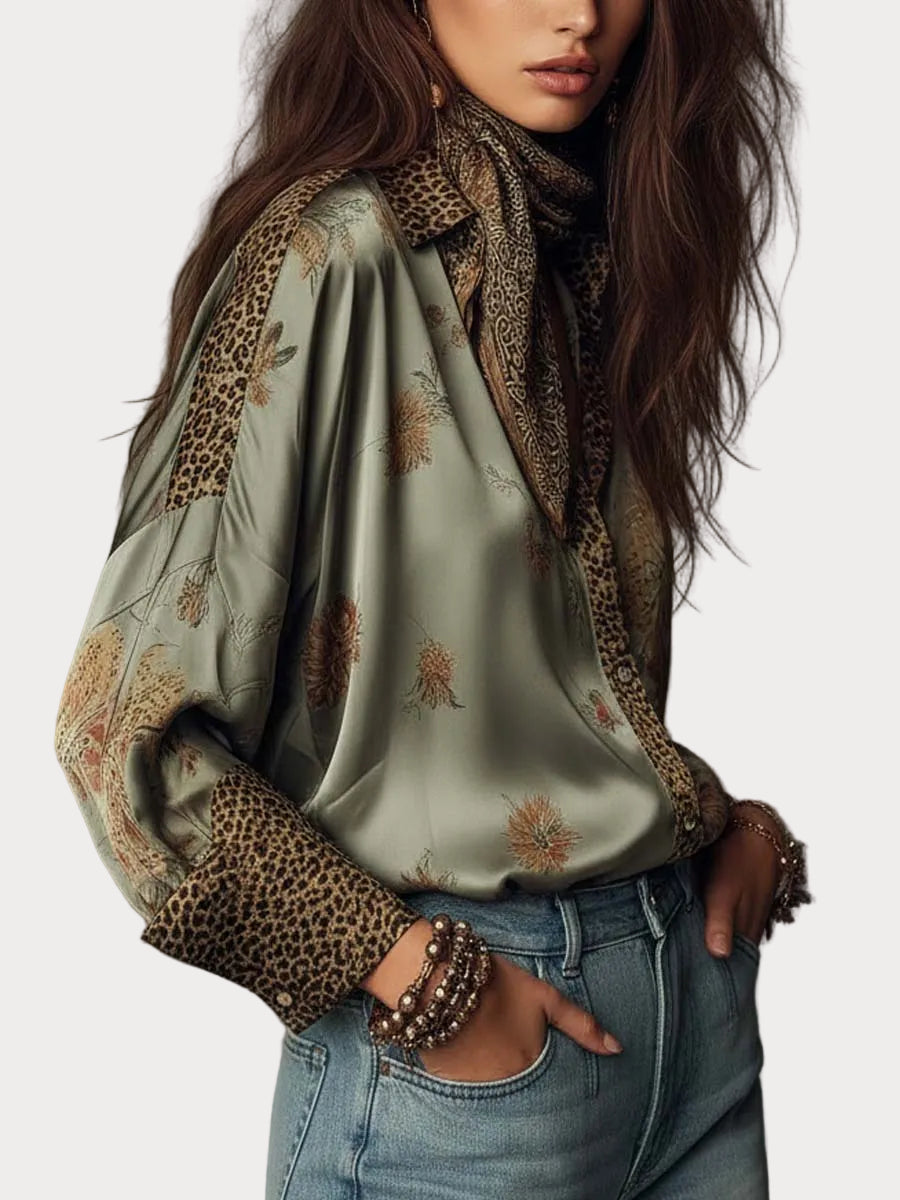 Cathrine | Satin Floral Shirt with Leopard Trim