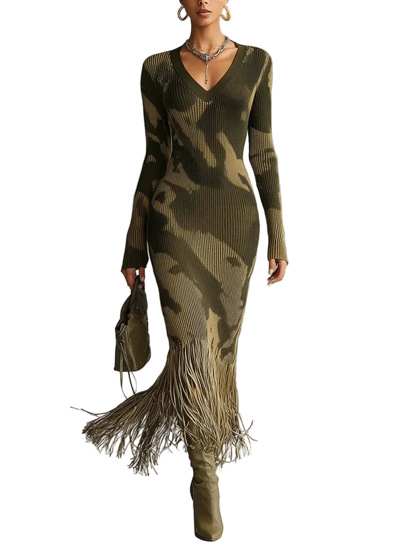 Paula - Olive Camo Knit V-Neck Fringe Hem Midi Dress