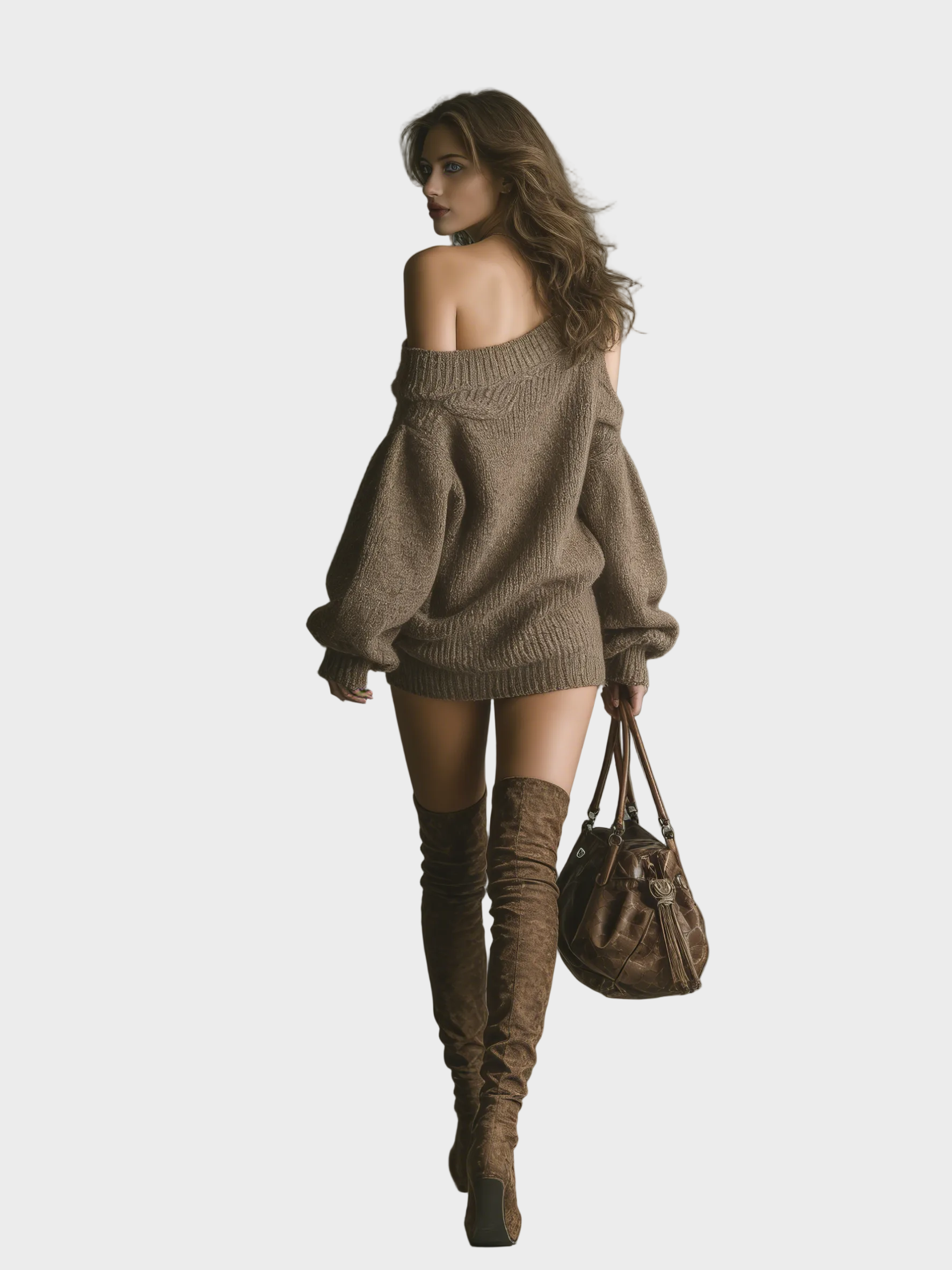 Sally | Women's Brown Knitted Mini Dress with Off-shoulder