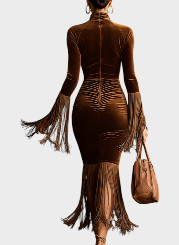 Ramona | Brown Velvet Maxi Dress with Button and Tassels