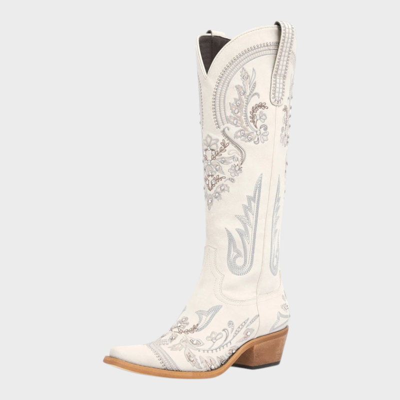 Zaira | Aurelia Women's Cowboy Boots - Ivory Pearl with Snip Toe & Floral Embroidery