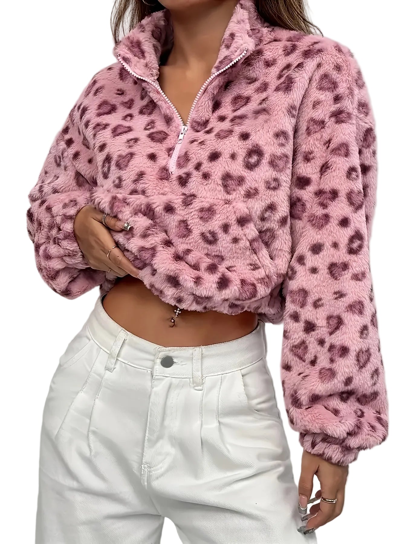 Zaria | Leopard Print Zip Fleece Sweatshirt