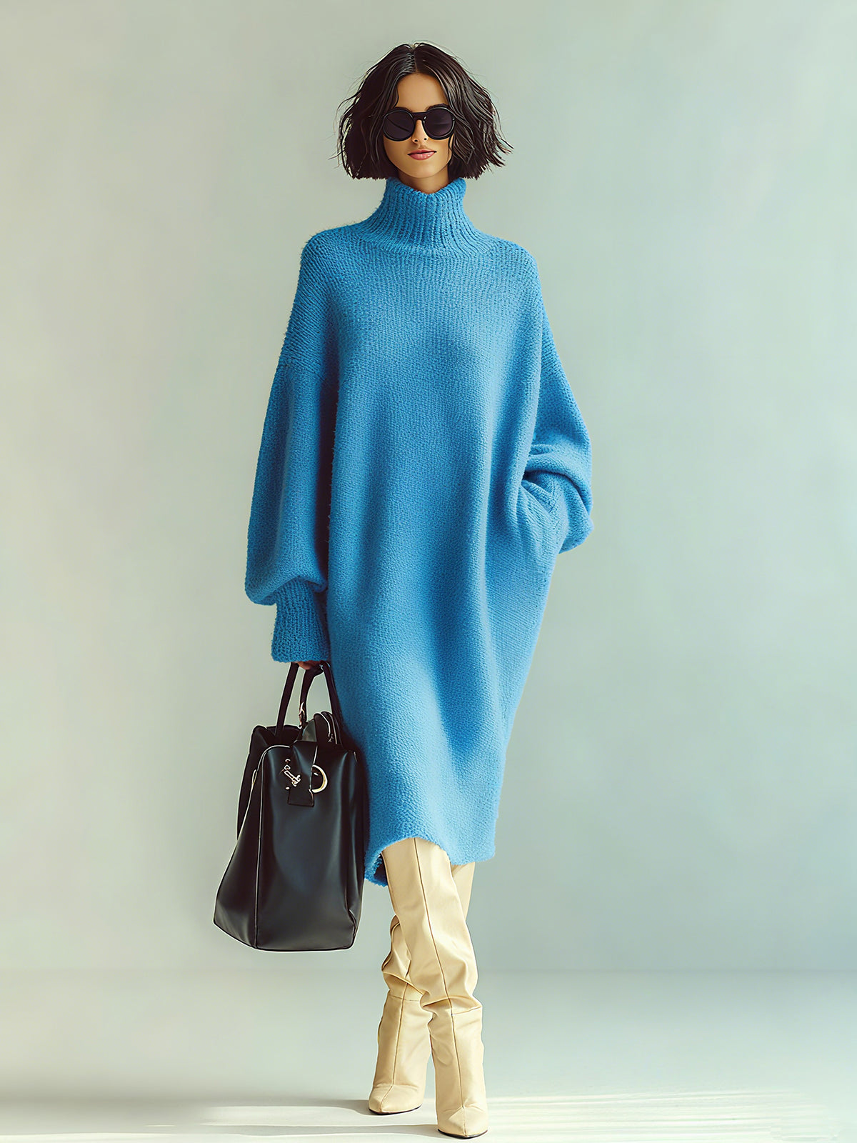 Ohneia | Midi šaty, červenomodrá halenka s dlouhým rukávem, nadměrná velikost