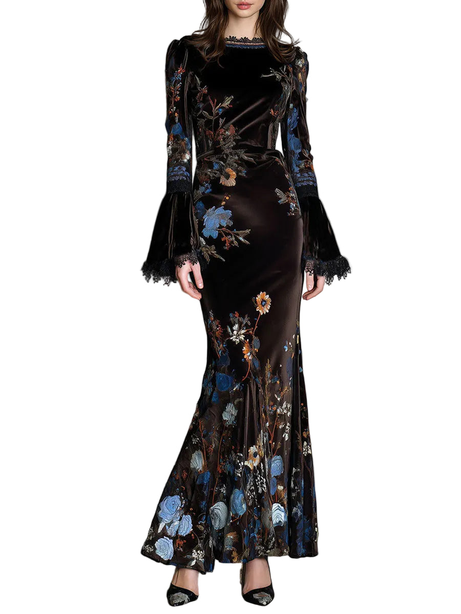 Jane | Elegance Midnight Velvet Floral Gown With Lace Trim