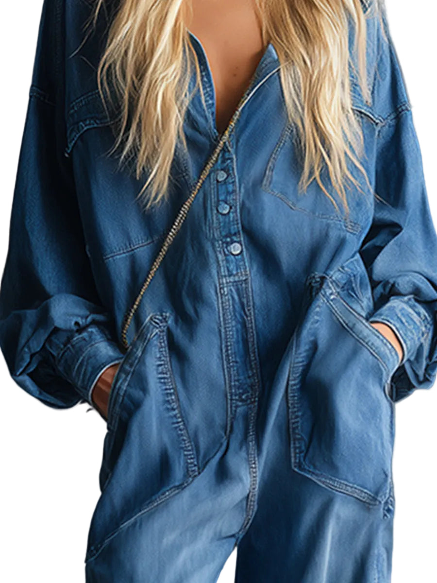 Priscilla - Casual Loose-fit Hooded Blue Denim Button-front Long-sleeved Jumpsuit