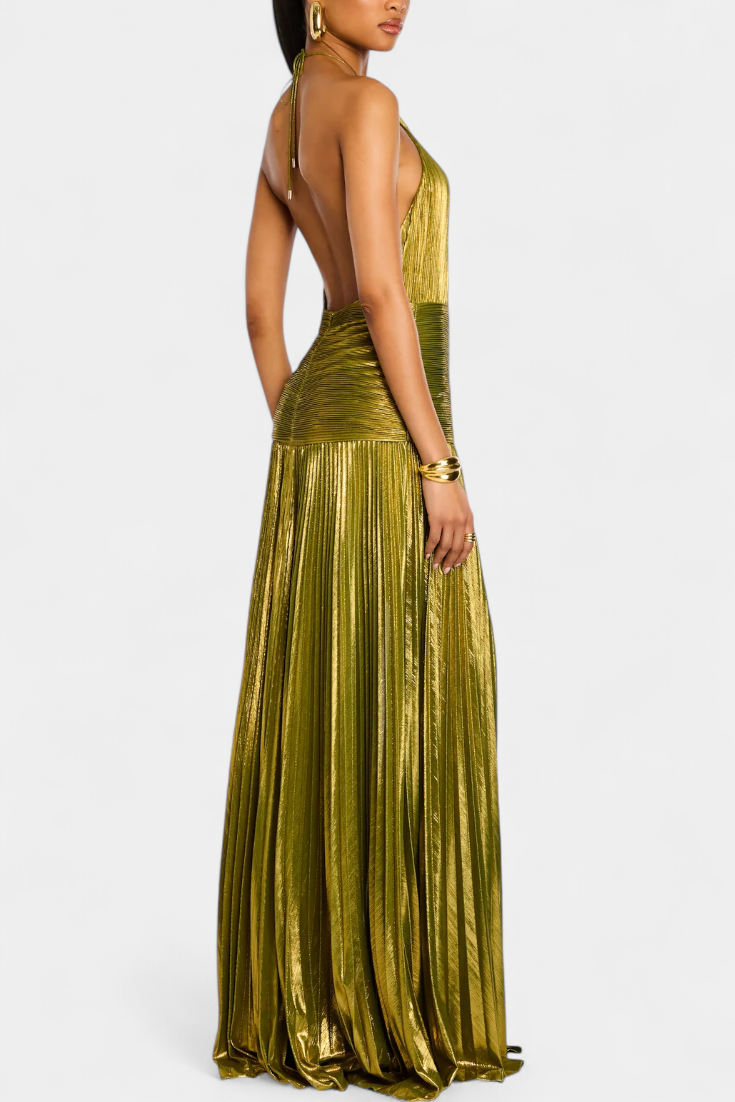 Emma Metallic Halter Open Back Dress