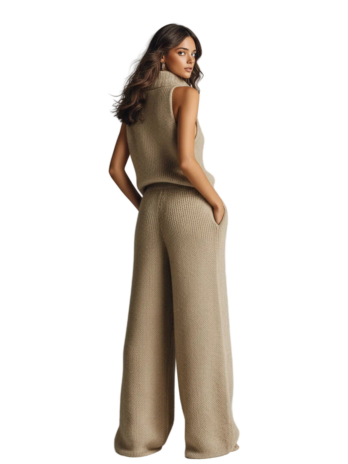 Kelly - Elegant Camel Stand Collar V-Neck Sleeveless Sweater Wide-Leg Pants Ribbed Knit Two-Piece Set