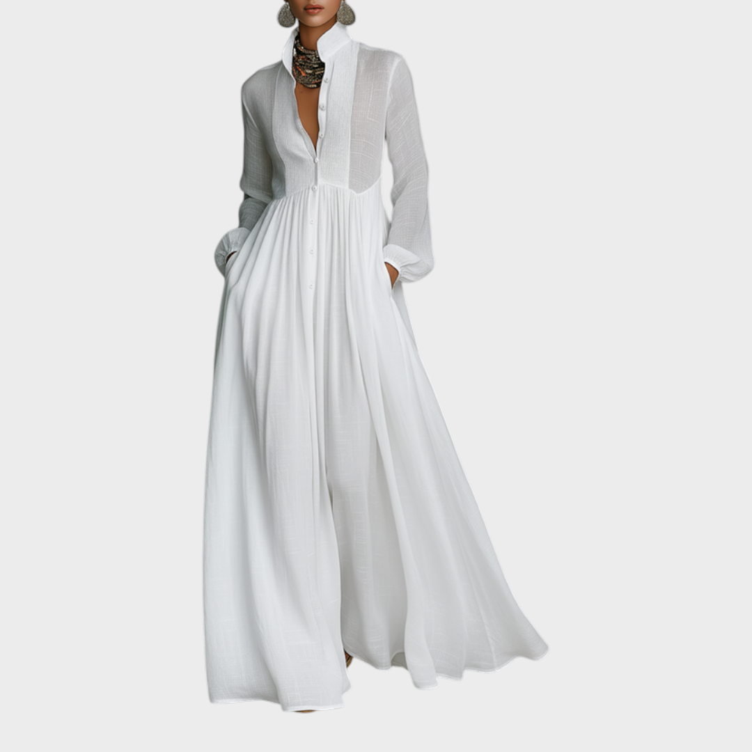 Leah | Women's Minimalist Cotton And Linen Patchwork Single-breasted Stand-up Collar Long-sleeved Maxi Dress MDA0658K6Y