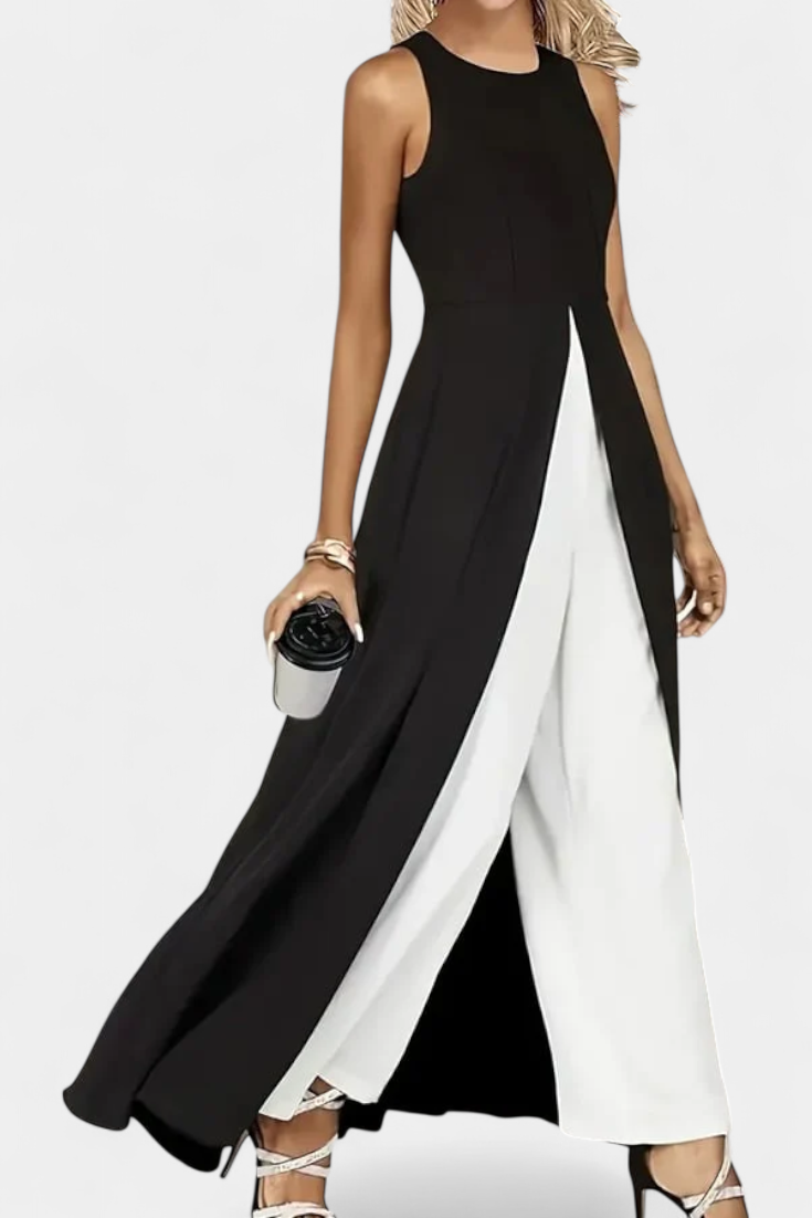 Alicia Elegant Two-tone Sleeveless Set with Wide Leg Pants