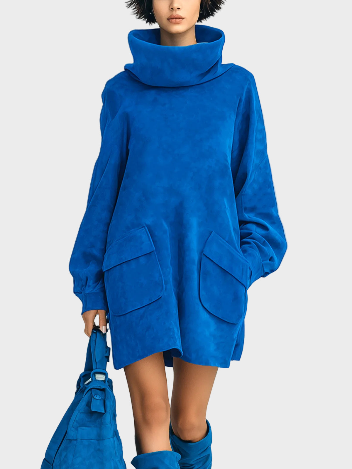 Meria | Elegant Royal Blue Mini Dress in Faux Suede with Oversized Turtleneck, Long Lantern Sleeves, and Patch Pockets