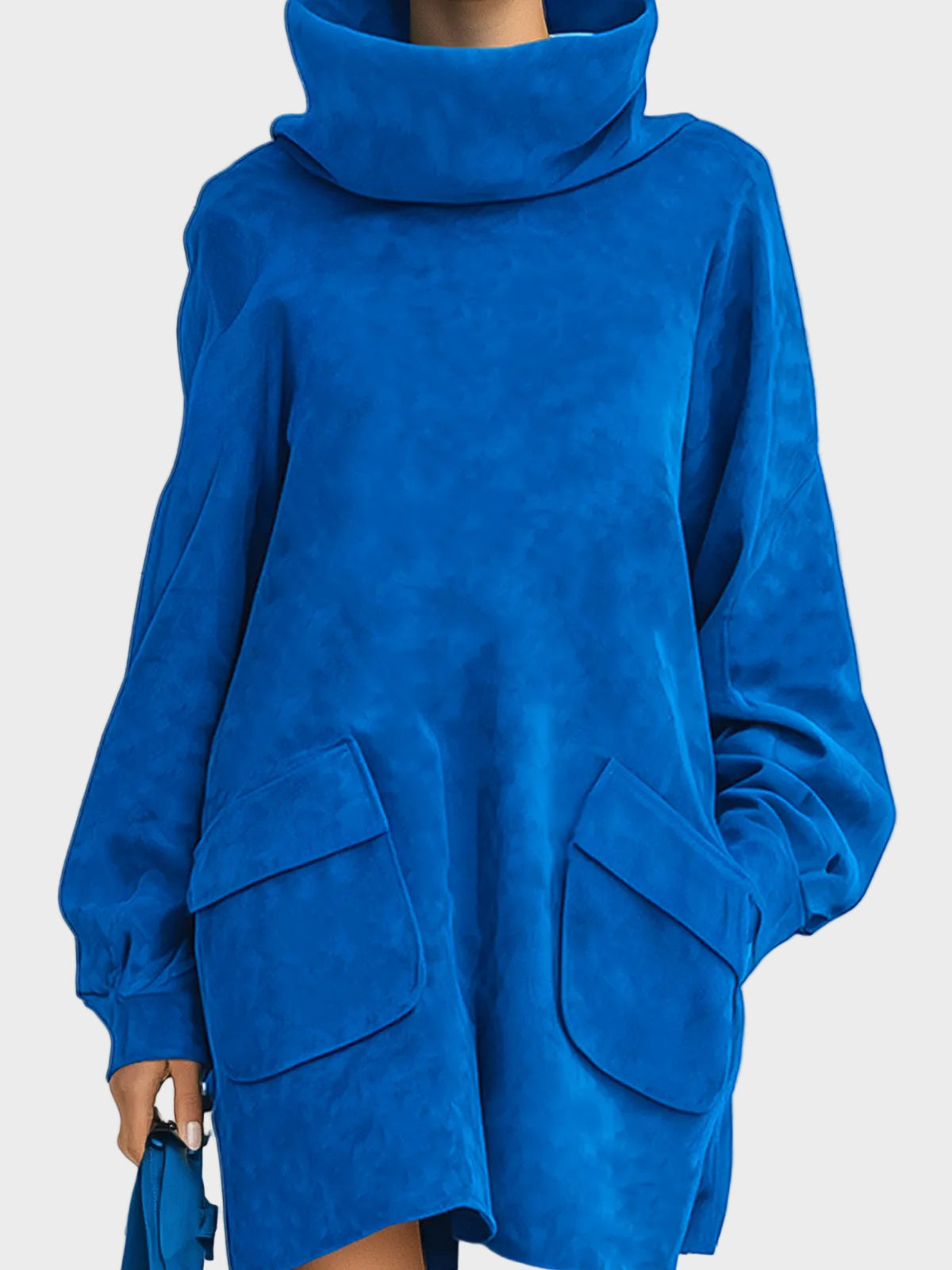 Meria | Elegant Royal Blue Mini Dress in Faux Suede with Oversized Turtleneck, Long Lantern Sleeves, and Patch Pockets
