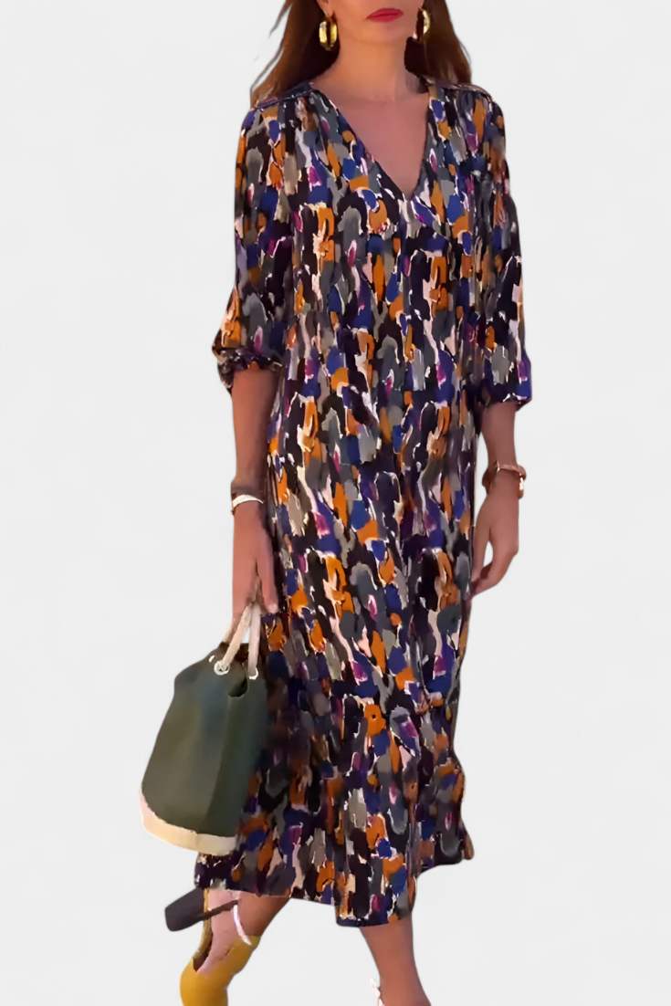 Teodora Retro Dress with V-Neck and Puff Sleeves