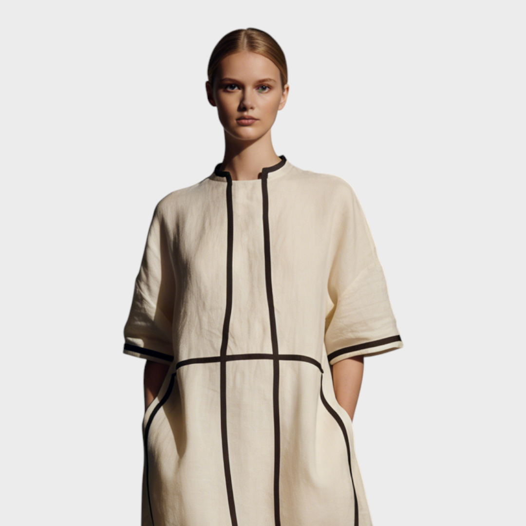 Peyton | Women's Modern Linen Blend Beige Stand-Collar Half-Sleeve Contrast-Line Pocketed Maxi Dress MDA2924L4AU