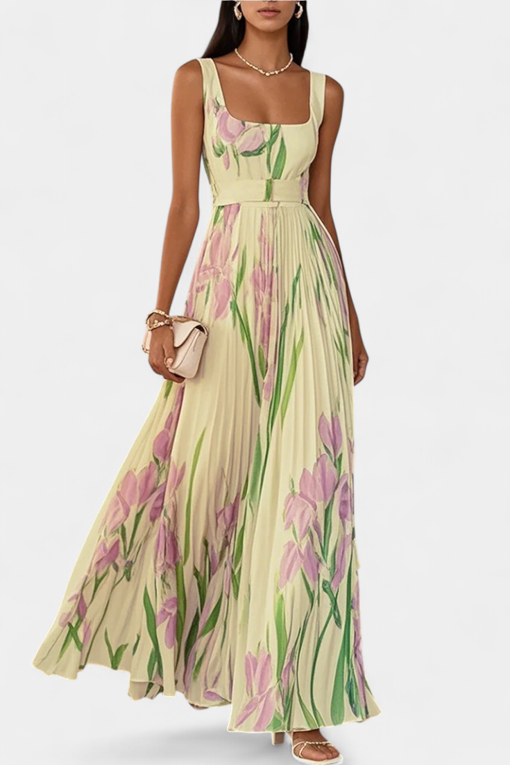 Kalanthi Long Pleated Dress with Floral Pattern and Square Neckline
