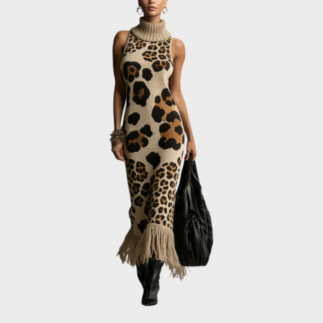 Shannon | Brown Irregular Leopard Print Knit Maxi Dress