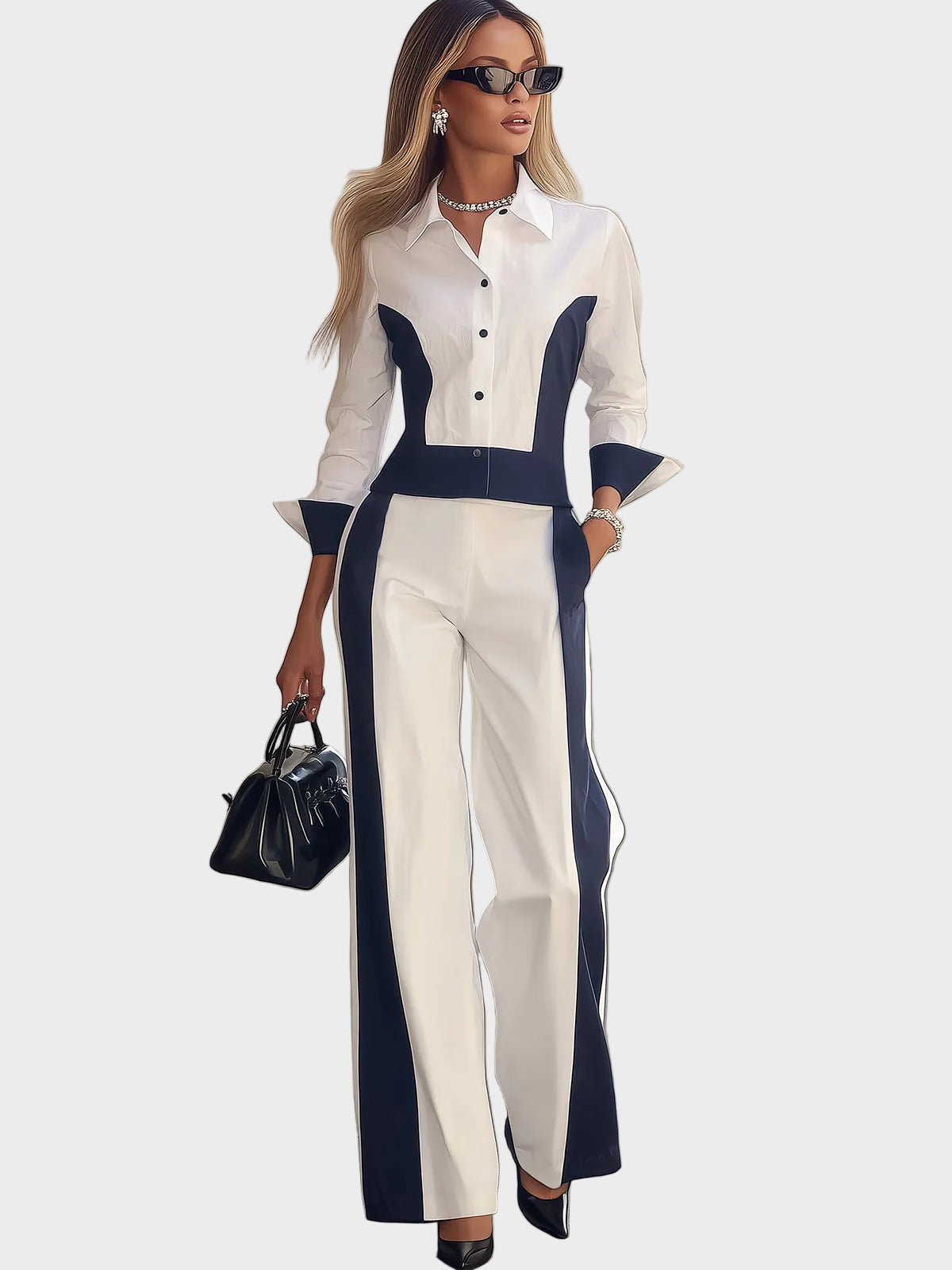 Arla | White And Navy Paneled Shirt & Wide-Leg Pants Set