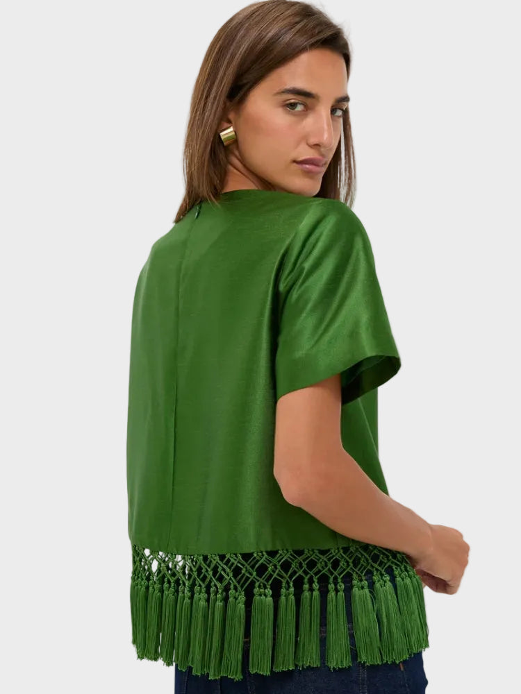 Rylie | Green Satin Fringe Top