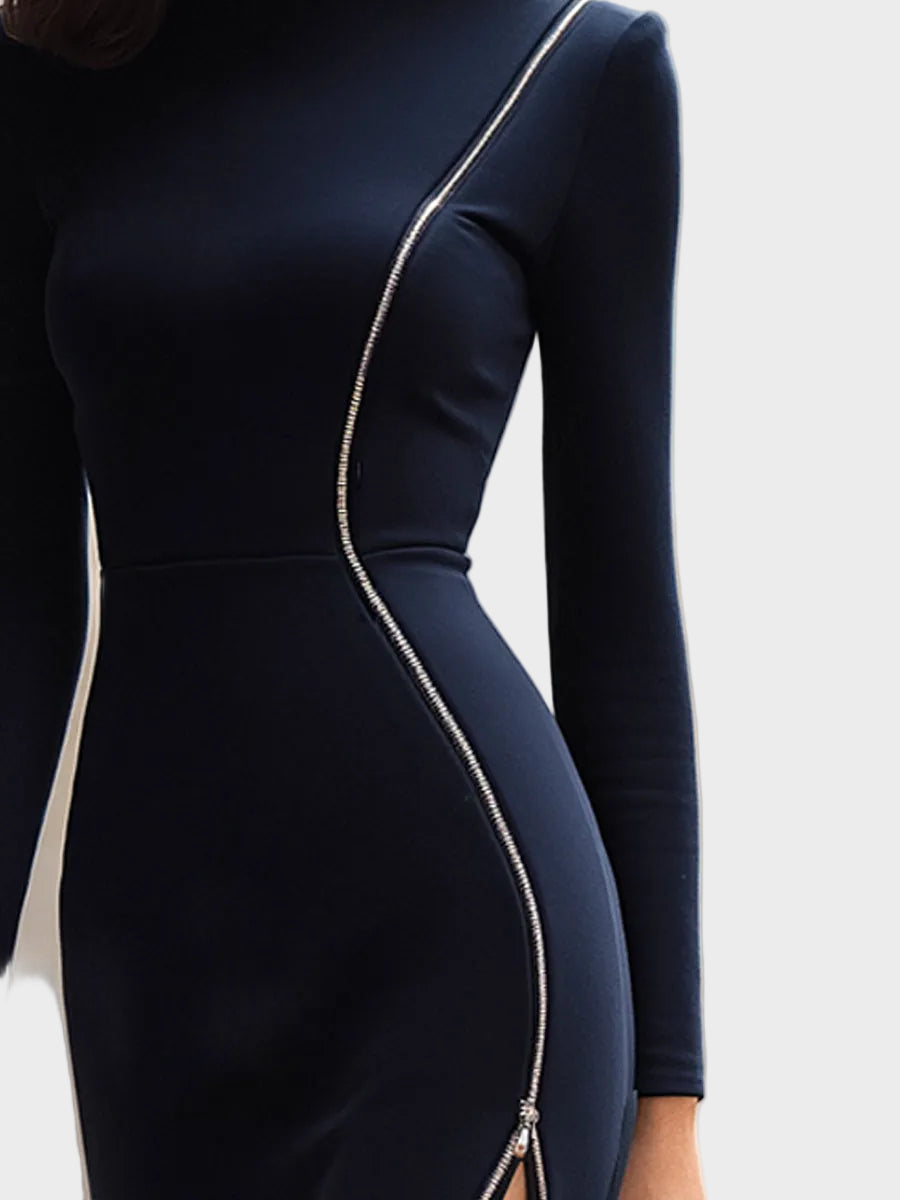 Alyanna | Asymmetric Zip-Detail Long Sleeve Midi Dress