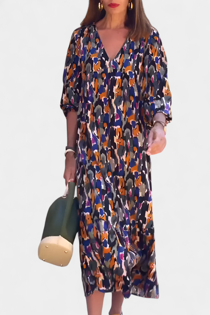 Teodora Retro Dress with V-Neck and Puff Sleeves