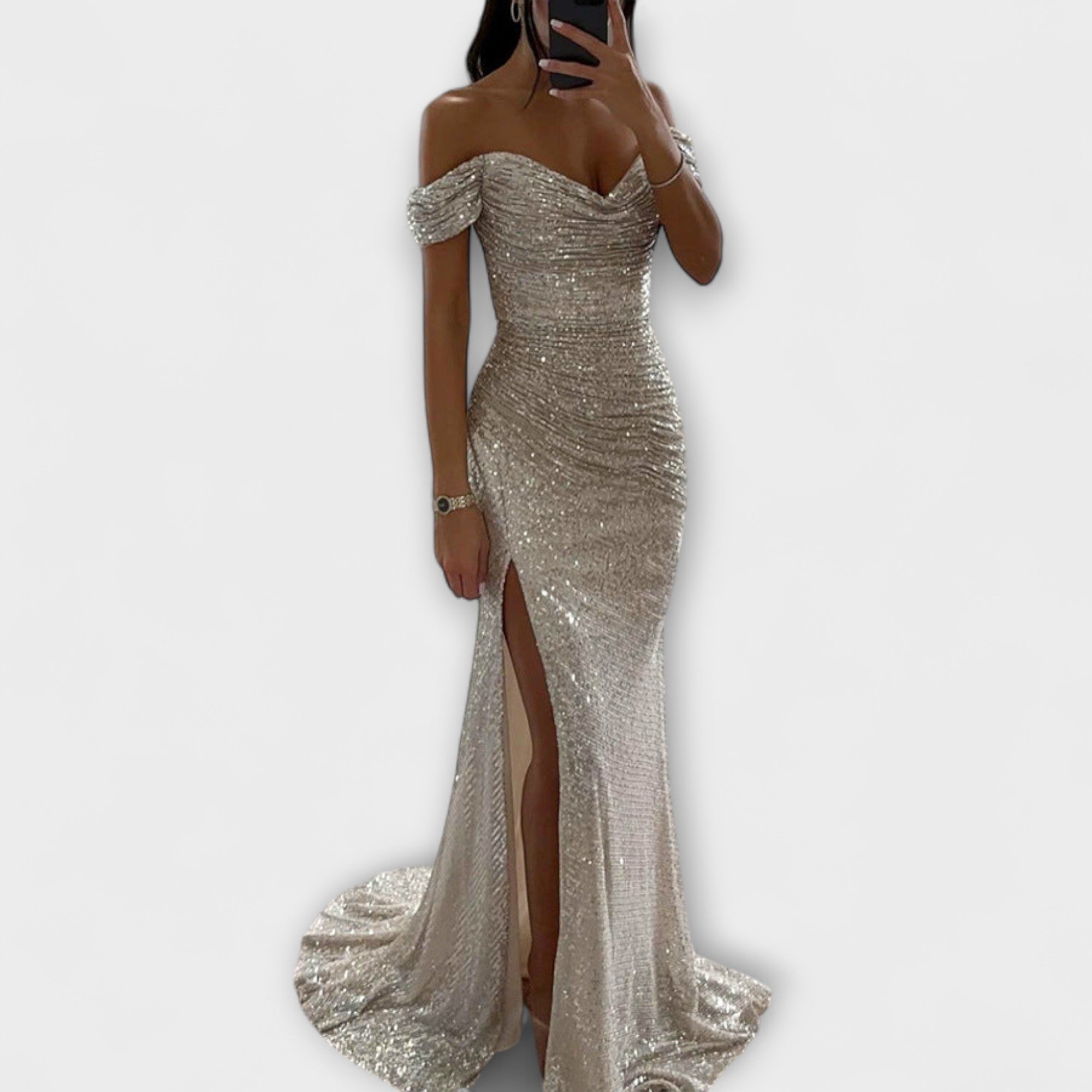 Letní večerní šaty — maxi šaty bez ramínek s třpytkami a volánky na svatby a večírky