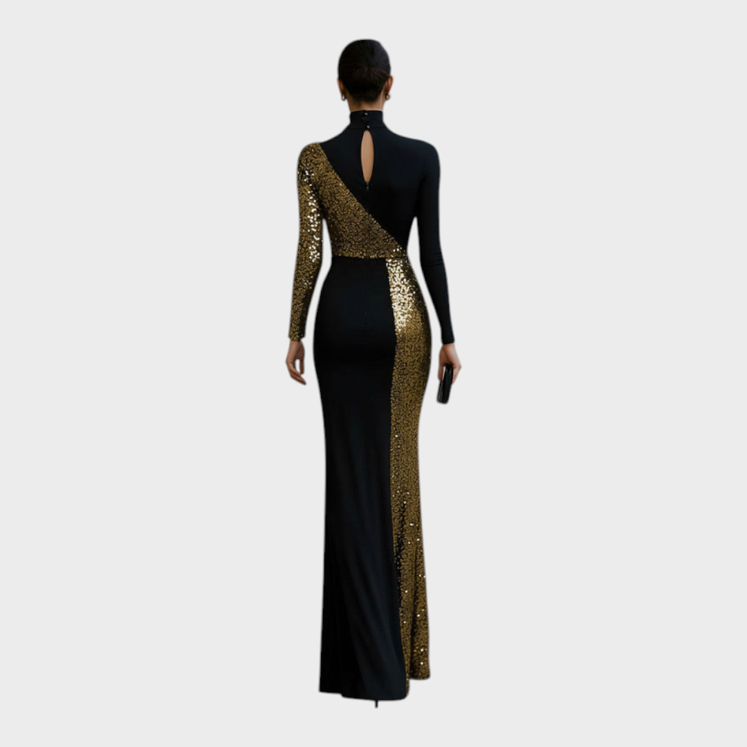 Jemaica | Elegant Black And Gold Maxi Dress With Rhinestones And High Neck