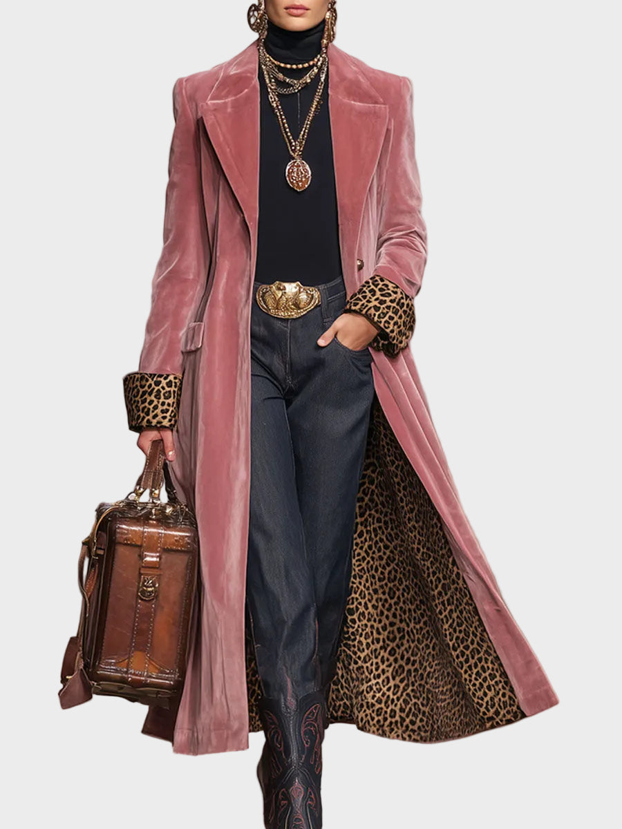 Sonia |Velvet Single-Breasted Coat with Lapel and Leopard Print