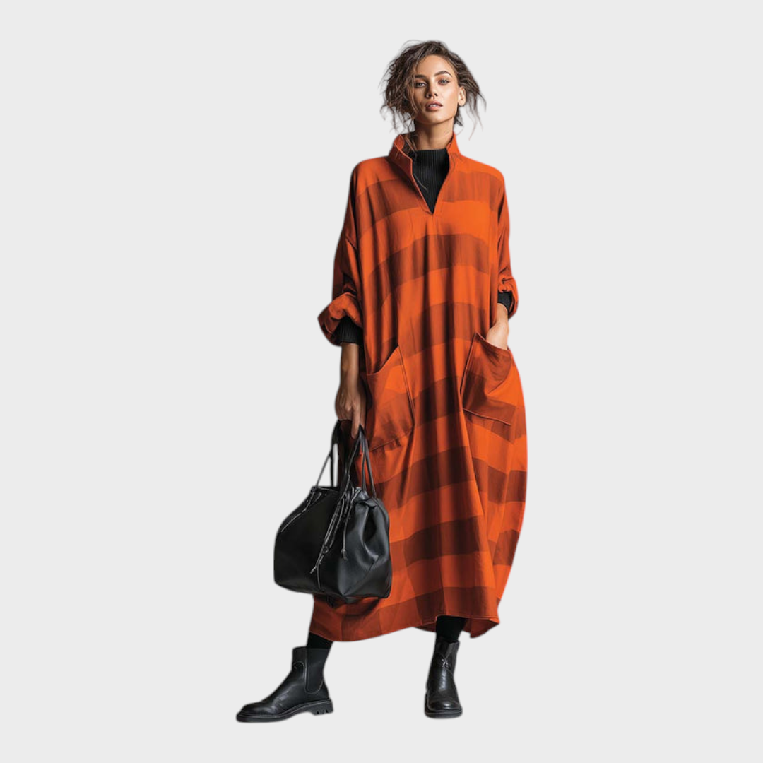 Brenda | Vintage Fashion Oversized Relaxed V-Neck Large Pockets Orange and Brown Wide Striped Maxi Dress