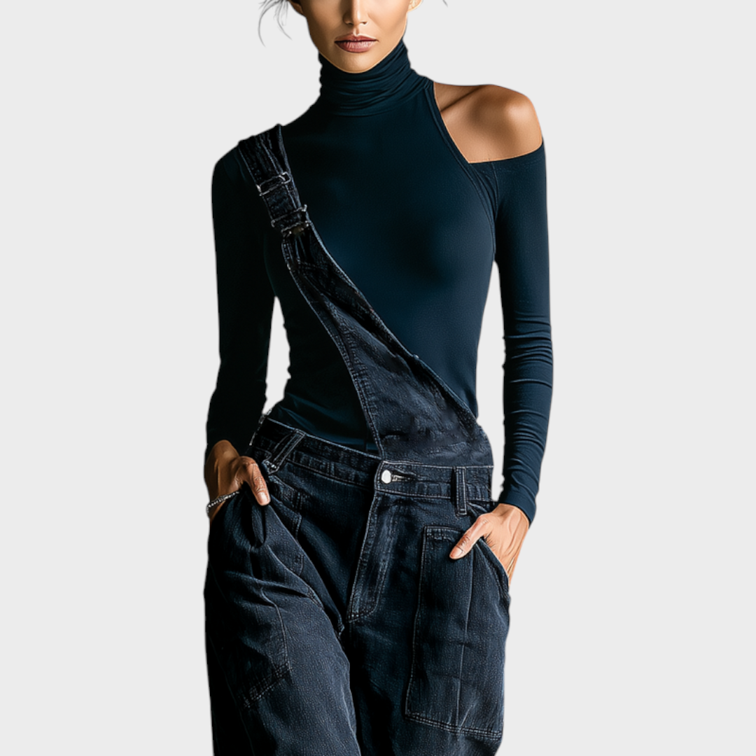 Aviana | Women's Black Cotton One-shoulder Turtleneck Top And Blue-grey Denim Loose-fitting Overalls Set MDA2045K8T