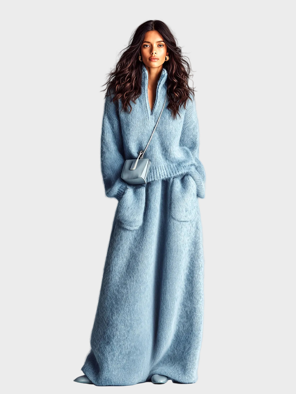 Rosie - Chic and elegant blue two-piece set with a knitted sweater with a stand-up collar, V-neck, long sleeves and a loose fit, and a maxi skirt with a pocket and fluffy knit