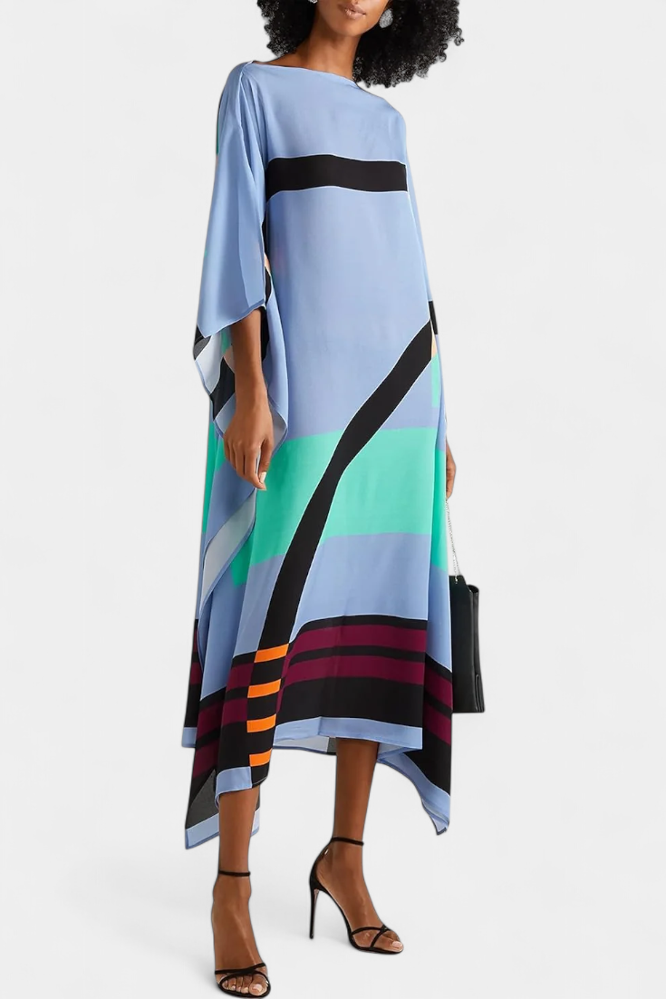 Elenora Kaftan with Geometric Pattern, Wide Line and Butterfly Mesh Fabric