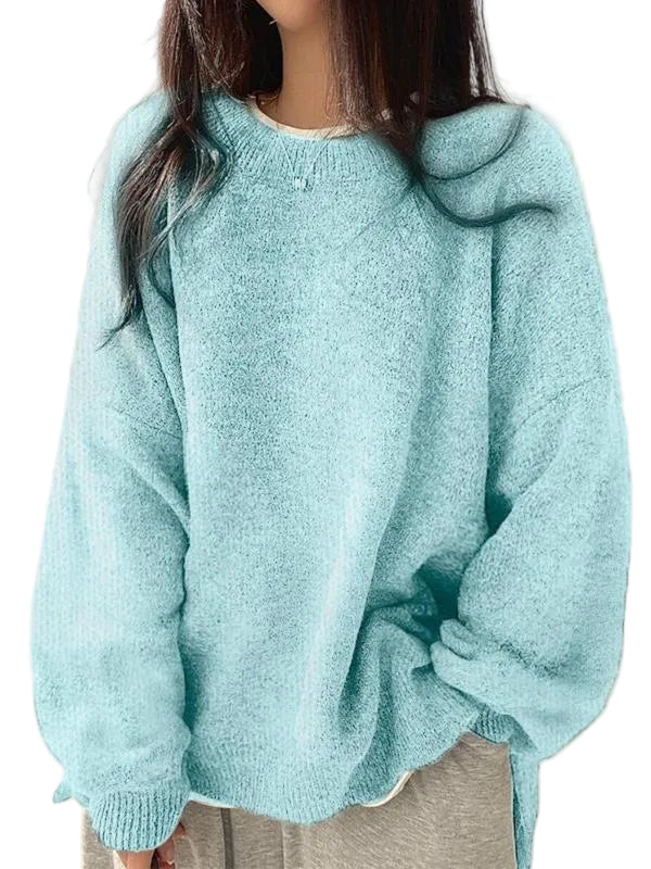 KIARA - Women's Drop Shoulder Split Hem Round Neck Sweater