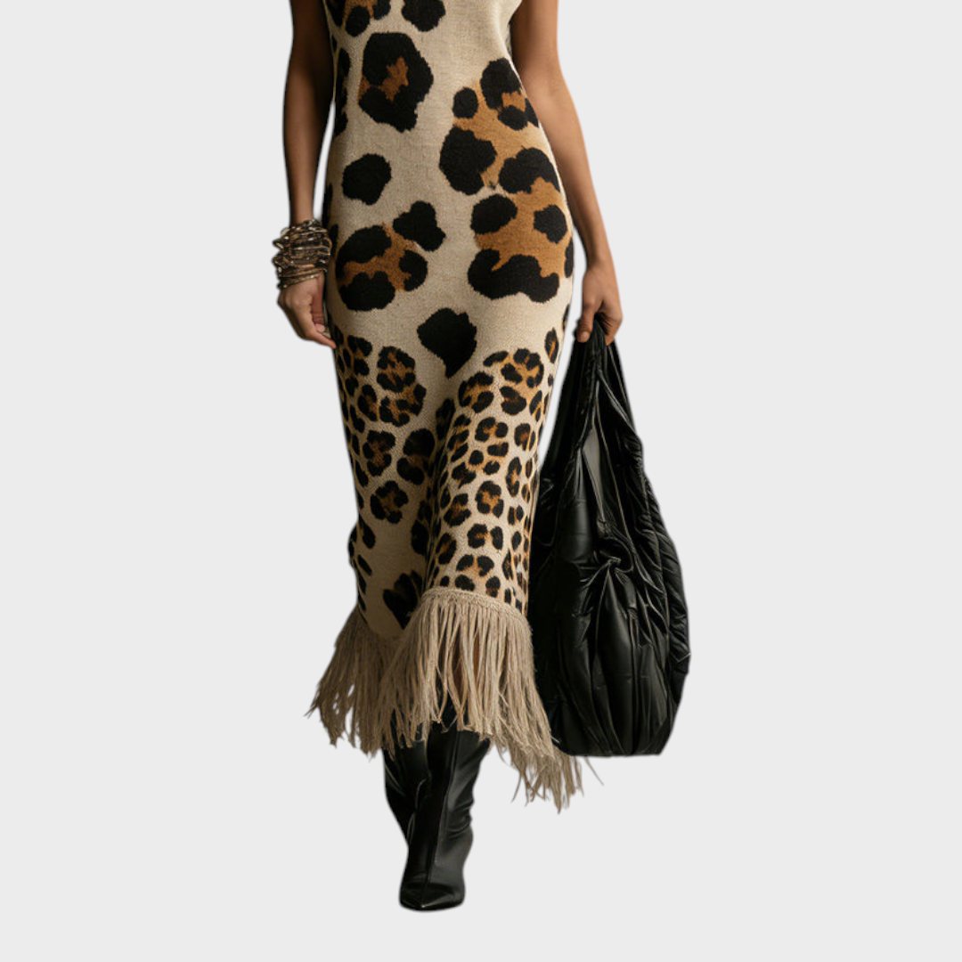 Shannon | Brown Irregular Leopard Print Knit Maxi Dress