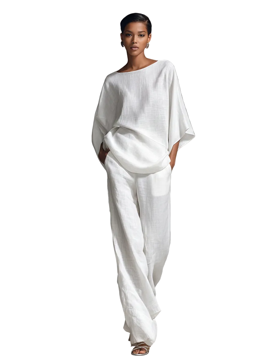 Chloe | Women's Relaxed Linen-Blend White Boat-Neck Batwing-Sleeve Oversized Top & Wide-Leg Pants Set