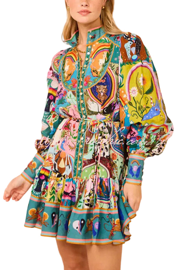 Tina - Luxury Unique Print Balloon Sleeve Button Shirt Mini Dress