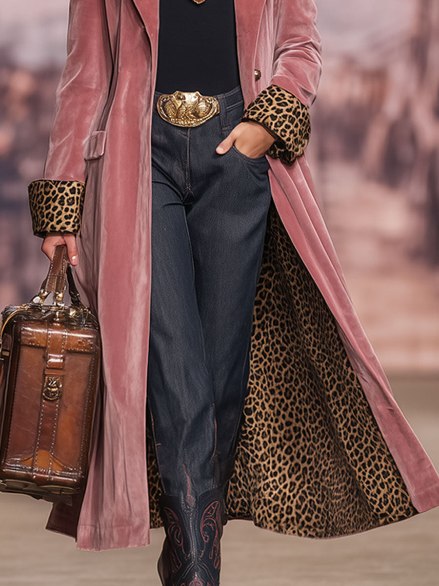 Sonia |Velvet Single-Breasted Coat with Lapel and Leopard Print