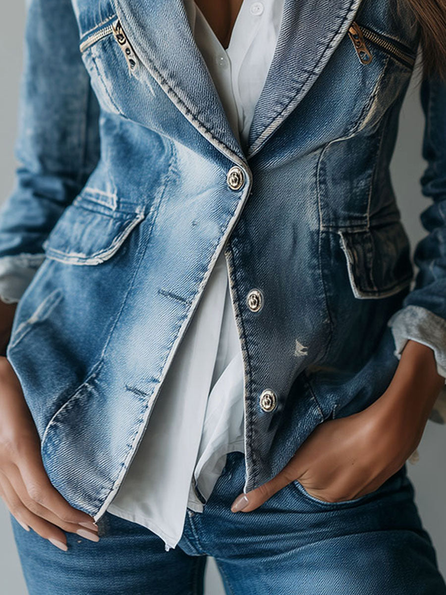 Olaya | Vintage Effortless Tailoring Washed Denim Blazer
