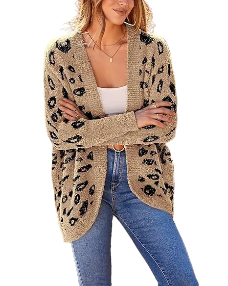 Faye - Leopard Cardigan for Women Long Sleeve Open Front Cardigans Sweaters Pockets Loose Knit